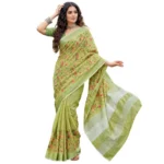 Generic Women's Linen Floral Embroidered Saree With Unstitched Blouse 5.5Mtr (Light Green) - Image 5