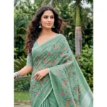 Generic Women's Linen Floral Embroidered Saree With Unstitched Blouse 5.5Mtr (Sea Green)