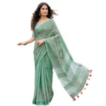 Generic Women's Linen Floral Embroidered Saree With Unstitched Blouse 5.5Mtr (Sea Green) - Image 4