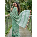 Generic Women's Linen Floral Embroidered Saree With Unstitched Blouse 5.5Mtr (Sea Green) - Image 3