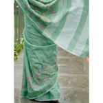 Generic Women's Linen Floral Embroidered Saree With Unstitched Blouse 5.5Mtr (Sea Green) - Image 2