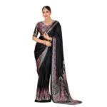 Generic Women's Crepe Printed Saree With Unstitched Blouse 5.5Mtr (Black) - Image 5