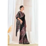 Generic Women's Crepe Printed Saree With Unstitched Blouse 5.5Mtr (Black) - Image 3