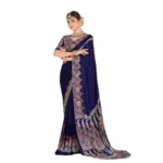 Generic Women's Crepe Printed Saree With Unstitched Blouse 5.5Mtr (Navy Blue) - Image 4