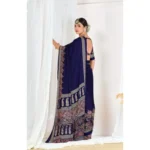 Generic Women's Crepe Printed Saree With Unstitched Blouse 5.5Mtr (Navy Blue) - Image 3
