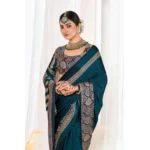 Generic Women's Crepe Printed Saree With Unstitched Blouse 5.5Mtr (Teal)