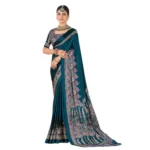 Generic Women's Crepe Printed Saree With Unstitched Blouse 5.5Mtr (Teal) - Image 4