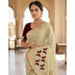Generic Women's Star Georgette Embellished Saree With Unstitched Blouse 5.5Mtr (Beige-Maroon) - Image 4