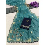 Generic Women's Star Georgette Embellished Saree With Unstitched Blouse 5.5Mtr (Blue) - Image 3