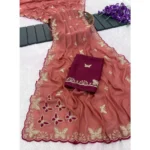 Generic Women's Star Georgette Embellished Saree With Unstitched Blouse 5.5Mtr (Dusty Coral-Maroon) - Image 4