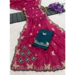 Generic Women's Star Georgette Embellished Saree With Unstitched Blouse 5.5Mtr (Magenta-Green) - Image 2