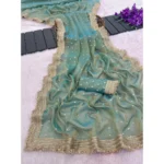 Generic Women's Silk Embellished Saree With Unstitched Blouse 5.5Mtr (Green) - Image 3