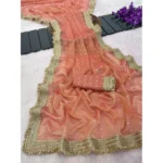 Generic Women's Silk Embellished Saree With Unstitched Blouse 5.5Mtr (Peach) - Image 5