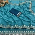 Generic Women's Star Georgette Embroidered Saree With Unstitched Blouse 5.5Mtr (Blue) - Image 2