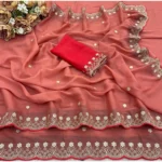 Generic Women's Star Georgette Embroidered Saree With Unstitched Blouse 5.5Mtr (Orange) - Image 2