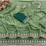 Generic Women's Star Georgette Embroidered Saree With Unstitched Blouse 5.5Mtr (Green) - Image 2