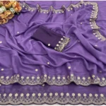 Generic Women's Star Georgette Embroidered Saree With Unstitched Blouse 5.5Mtr (Purple) - Image 2