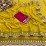 Generic Women's Star Georgette Embroidered Saree With Unstitched Blouse 5.5Mtr (Yellow) - Image 2
