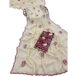Generic Women's Star Georgette Embroidered Saree With Unstitched Blouse 5.5Mtr (Cream) - Image 3