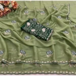 Generic Women's Star Georgette Embroidered Saree With Unstitched Blouse 5.5Mtr (Green) - Image 2