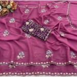 Generic Women's Star Georgette Embroidered Saree With Unstitched Blouse 5.5Mtr (Pink) - Image 2