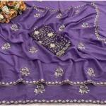 Generic Women's Star Georgette Embroidered Saree With Unstitched Blouse 5.5Mtr (Purple) - Image 2