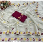 Generic Women's Star Georgette Embroidered Saree With Unstitched Blouse 5.5Mtr (Beige-Red) - Image 3