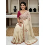 Generic Women's Star Georgette Embroidered Saree With Unstitched Blouse 5.5Mtr (Cream)