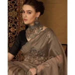 Generic Women's Viscose Silk Embroidered Saree With Unstitched Blouse 5.5Mtr (Brown) - Image 3