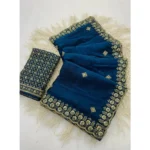 Generic Women's Satin Embellished Saree With Unstitched Blouse 5.5Mtr (Teal)