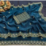 Generic Women's Satin Embellished Saree With Unstitched Blouse 5.5Mtr (Teal) - Image 5