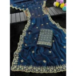 Generic Women's Satin Embellished Saree With Unstitched Blouse 5.5Mtr (Teal) - Image 4