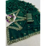 Generic Women's Satin Embellished Saree With Unstitched Blouse 5.5Mtr (Green) - Image 5