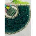 Generic Women's Satin Embellished Saree With Unstitched Blouse 5.5Mtr (Green) - Image 4