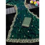 Generic Women's Satin Embellished Saree With Unstitched Blouse 5.5Mtr (Green) - Image 3