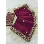Generic Women's Satin Embellished Saree With Unstitched Blouse 5.5Mtr (Maroon)