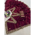 Generic Women's Satin Embellished Saree With Unstitched Blouse 5.5Mtr (Maroon) - Image 2