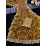Generic Women's Satin Embellished Saree With Unstitched Blouse 5.5Mtr (Mustard) - Image 3