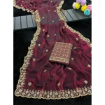Generic Women's Satin Embellished Saree With Unstitched Blouse 5.5Mtr (Wine-Toned) - Image 3