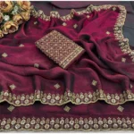 Generic Women's Satin Embellished Saree With Unstitched Blouse 5.5Mtr (Wine-Toned) - Image 2