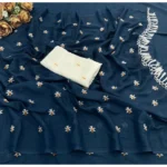 Generic Women's Georgette Embellished Saree With Unstitched Blouse 5.5Mtr (Navy) - Image 2