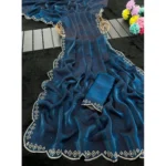 Generic Women's Satin Embellished Saree With Unstitched Blouse 5.5Mtr (Navy) - Image 5