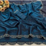 Generic Women's Satin Embellished Saree With Unstitched Blouse 5.5Mtr (Navy) - Image 4