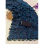 Generic Women's Satin Embellished Saree With Unstitched Blouse 5.5Mtr (Navy) - Image 2