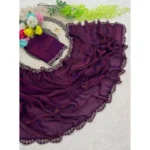 Generic Women's Satin Embellished Saree With Unstitched Blouse 5.5Mtr (Wine) - Image 3