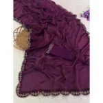 Generic Women's Satin Embellished Saree With Unstitched Blouse 5.5Mtr (Wine) - Image 2