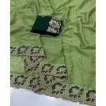 Generic Women's Star Georgette Embroidered Saree With Unstitched Blouse 5.5Mtr (Green) - Image 4