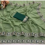 Generic Women's Star Georgette Embroidered Saree With Unstitched Blouse 5.5Mtr (Green) - Image 3