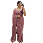 Generic Women's Star Georgette Embroidered Saree With Unstitched Blouse 5.5Mtr (Pink) - Image 7
