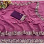 Generic Women's Star Georgette Embroidered Saree With Unstitched Blouse 5.5Mtr (Pink) - Image 5